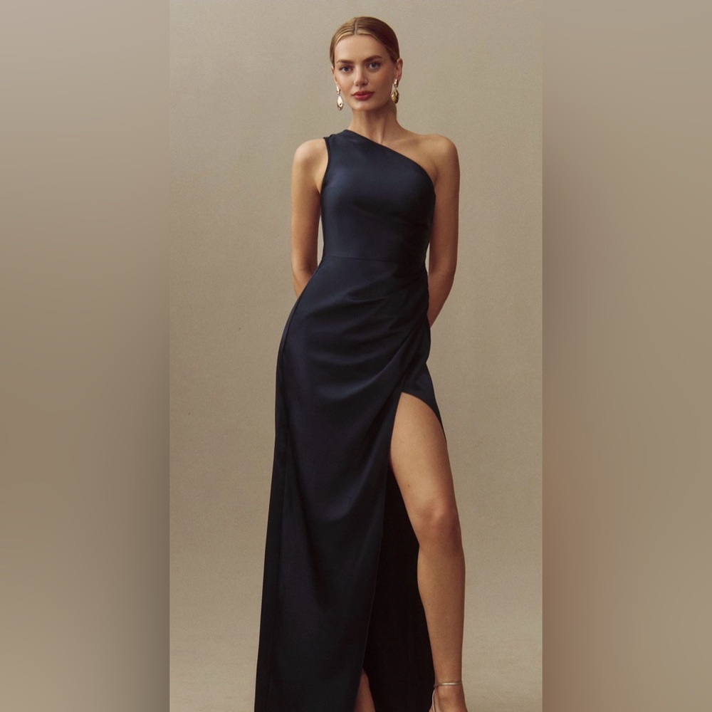 NWT BHLDN Scottie One-Shoulder Side-Slit Stretch Satin Maxi Dress Anthropologie